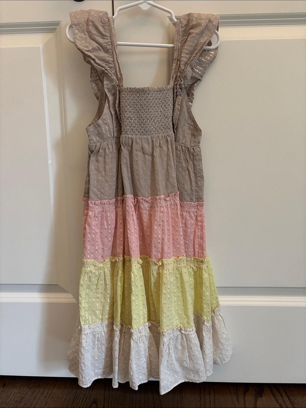 Peek Tiered Swiss Dot Dress in Beige, Pink & Yellow
